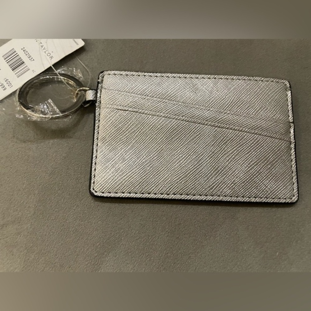 Ann Taylor Metallic Silver Leather Card Case Keychain - New